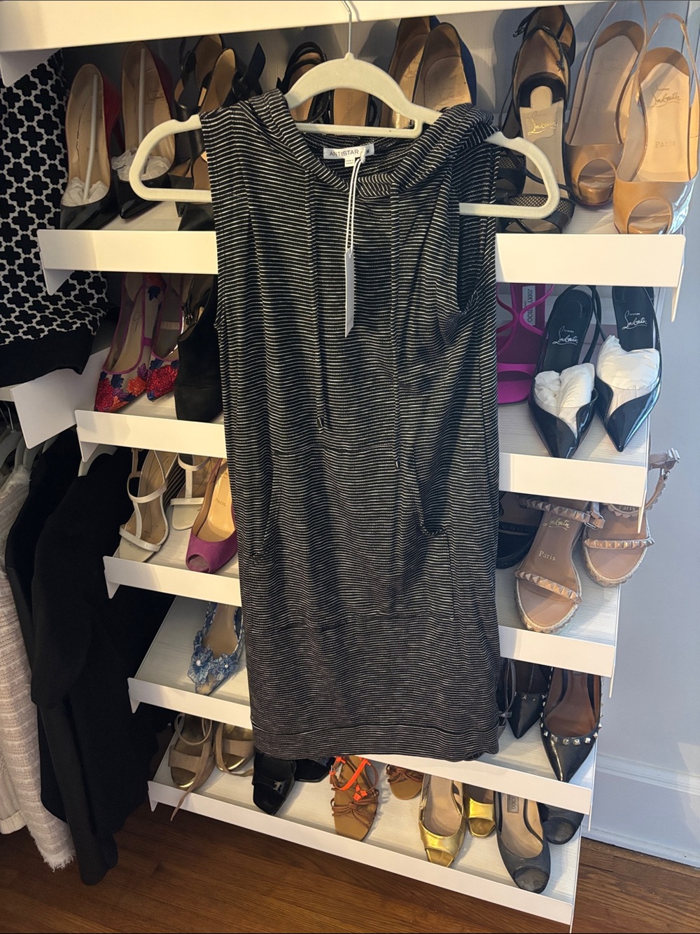 Anti star Sleeveless Hooded Tunic Dress - Black/Gray Stripe